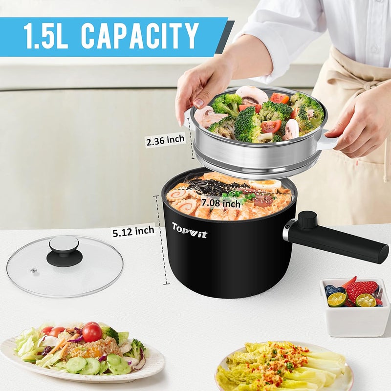 TopWit Hot Pot Electric with Steamer, 1.5L Ramen Cooker, Non-Stick Sauté Pan, Portable Cooking Pot, Electric Cooker with Dual Power Control, BPA Free, Over-Heating & Boil Dry Protection, Black - Image 3